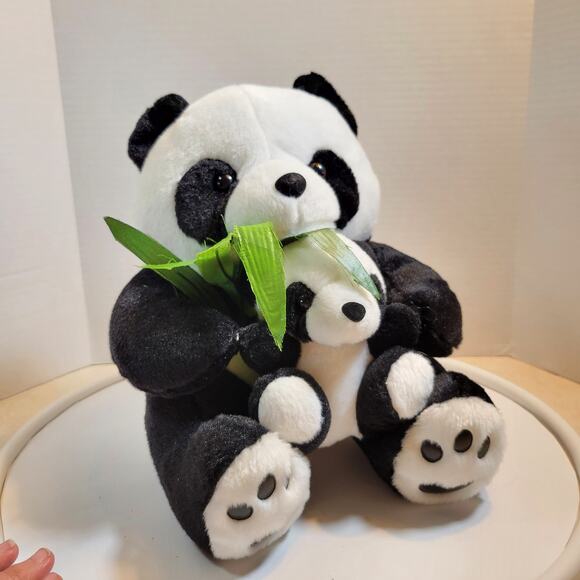 Panda Bear Plush Stuffed Animal 12" Holding Baby with Bamboo Plushy Stuffy - Picture 4 of 16